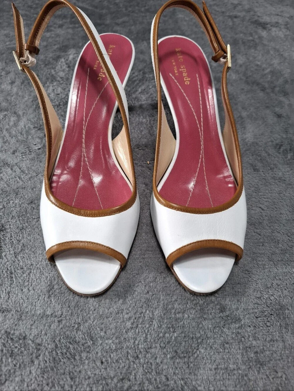 kate spade White Peep-Toe Slingback Heels with Tan Trim and Pink Insole Sz 8.5